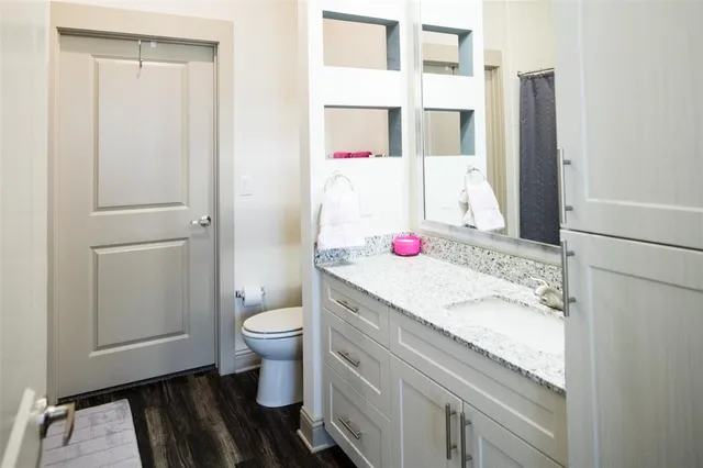 a bathroom with a granite countertop sink toilet and shower