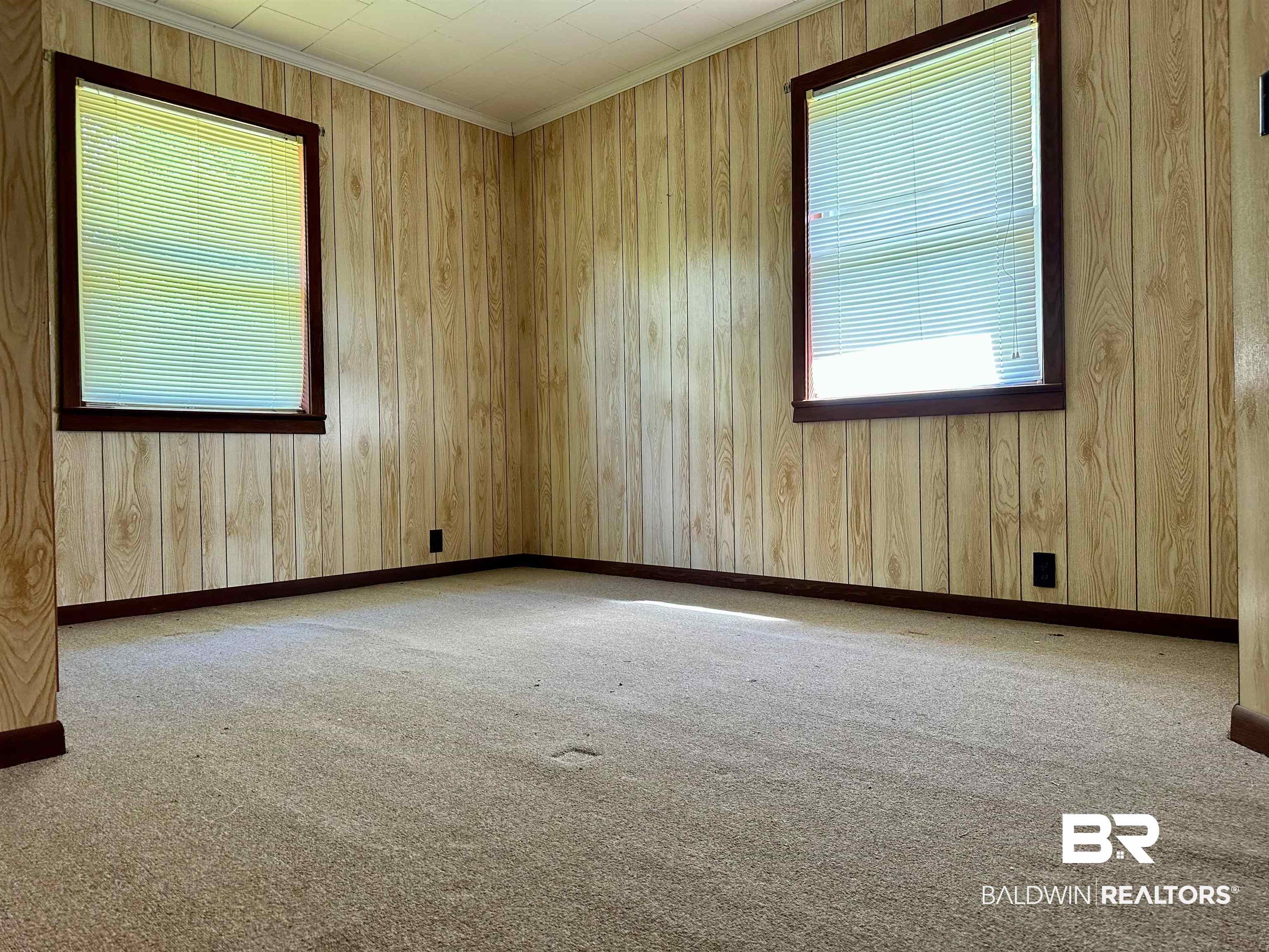 1081 Jay Road Brewton, AL 36426 - Photo 9 of 19 Unfurnished room with ornamental molding, wood walls, and light colored carpet