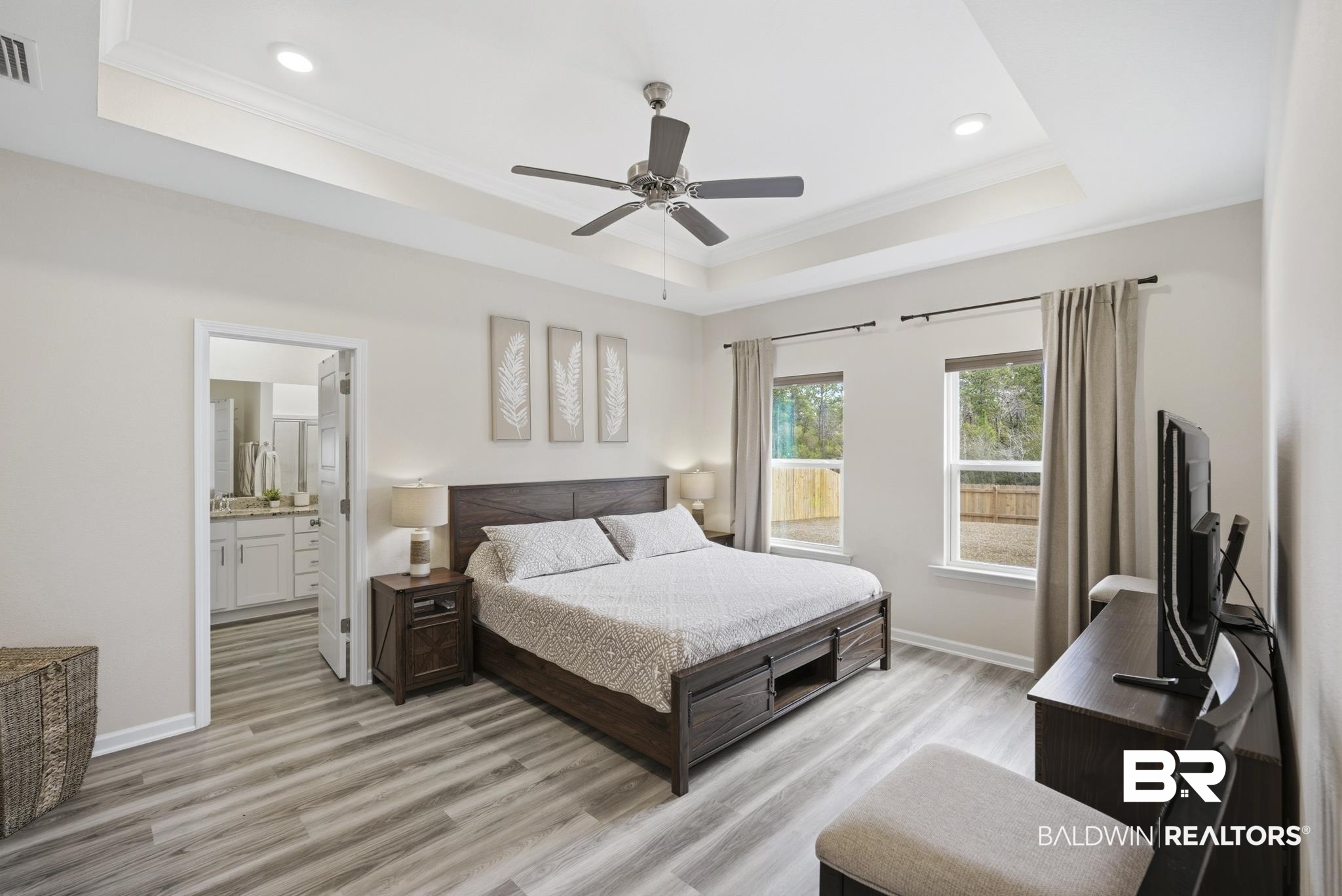 13887 Antler Hl Road Daphne, AL 36527 - Photo 13 of 50 Bedroom featuring light wood-style flooring, ornamental molding, ceiling fan, recessed lighting, and connected bathroom