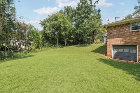 a view of a backyard with plants and large trees