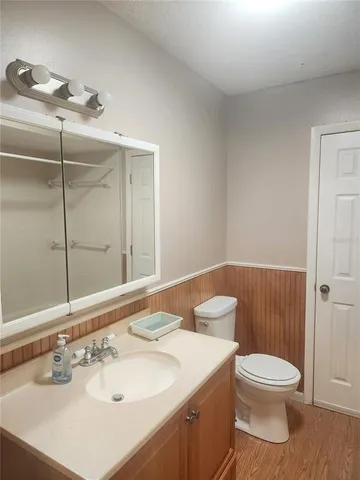 a bathroom with a toilet a sink and mirror