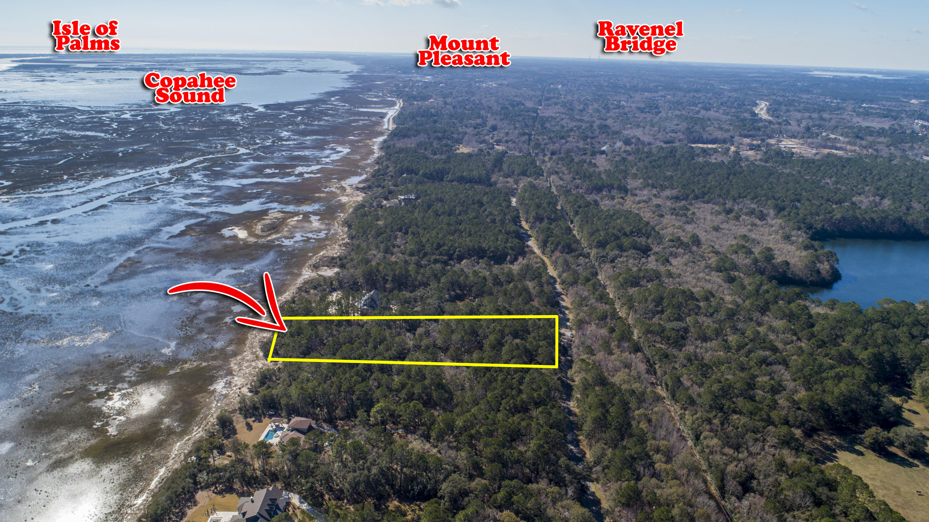 19 Longmarsh Road Awendaw, SC 29429 - Photo 14 of 46 Aerial towards Mt. Pleasant with lot lin