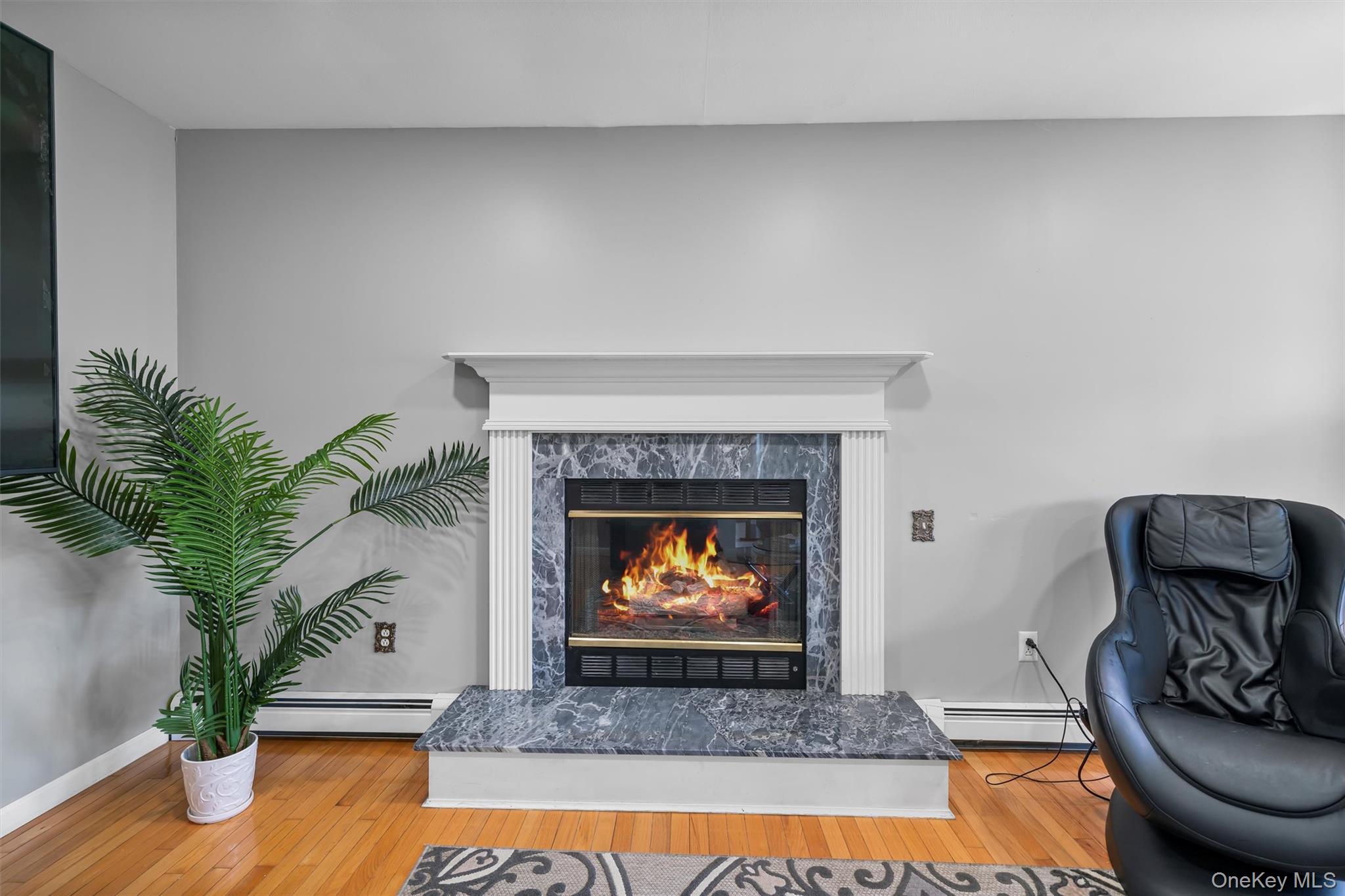 36 Lexington Drive Newburgh, NY 12550 - Photo 22 of 50 Detailed view of baseboard heating, wood finished floors, a fireplace, and baseboards