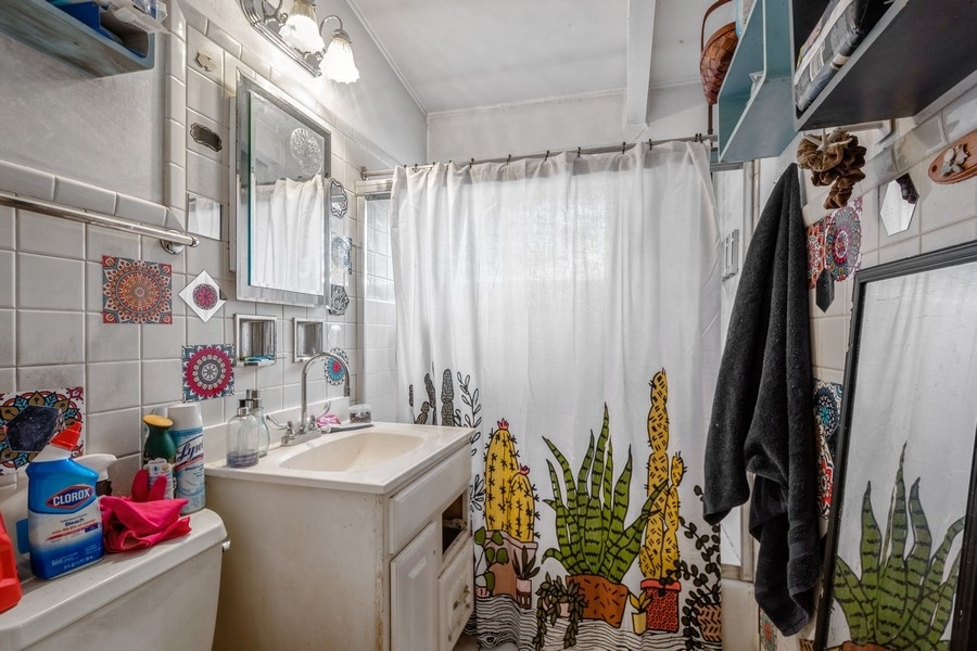 8645 Frontage Road Skokie, IL 60077 - Photo 5 of 13 a bathroom with a sink a mirror and shower curtain