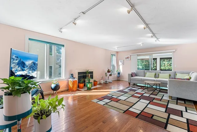 a living room with patio furniture and a potted plant