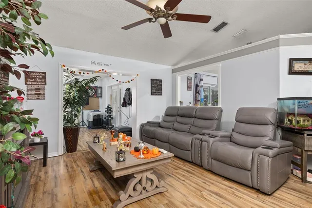a living room with furniture and a potted plant