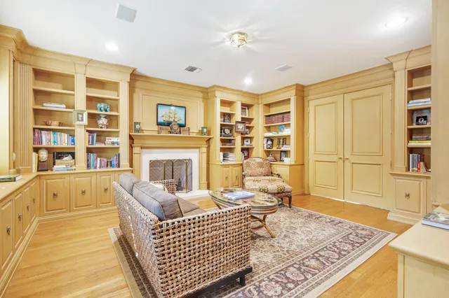 a living room with furniture windows and a fireplace