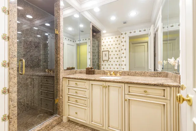 a bathroom with a granite countertop sink mirror and a shower