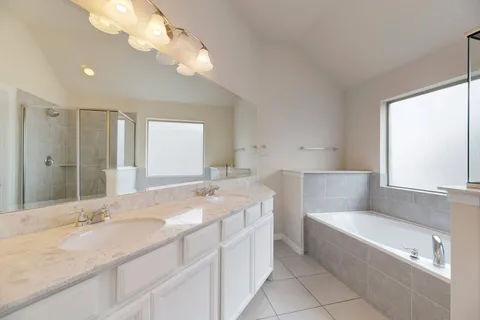 a bathroom with a granite countertop bathtub sink vanity and mirror