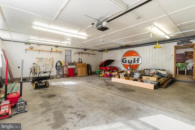 a view of a garage with storage