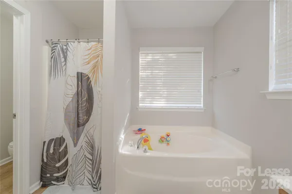 a bathroom with a bathtub and a window