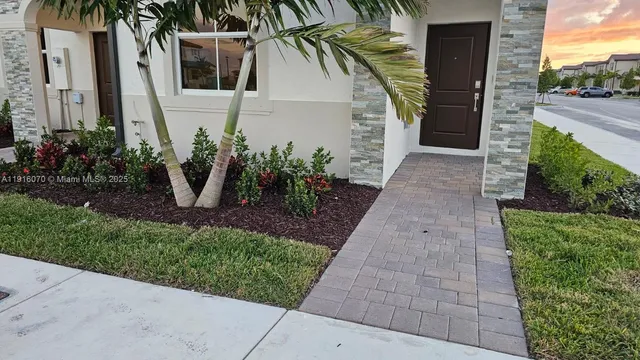 a view of a back yard with potted plants