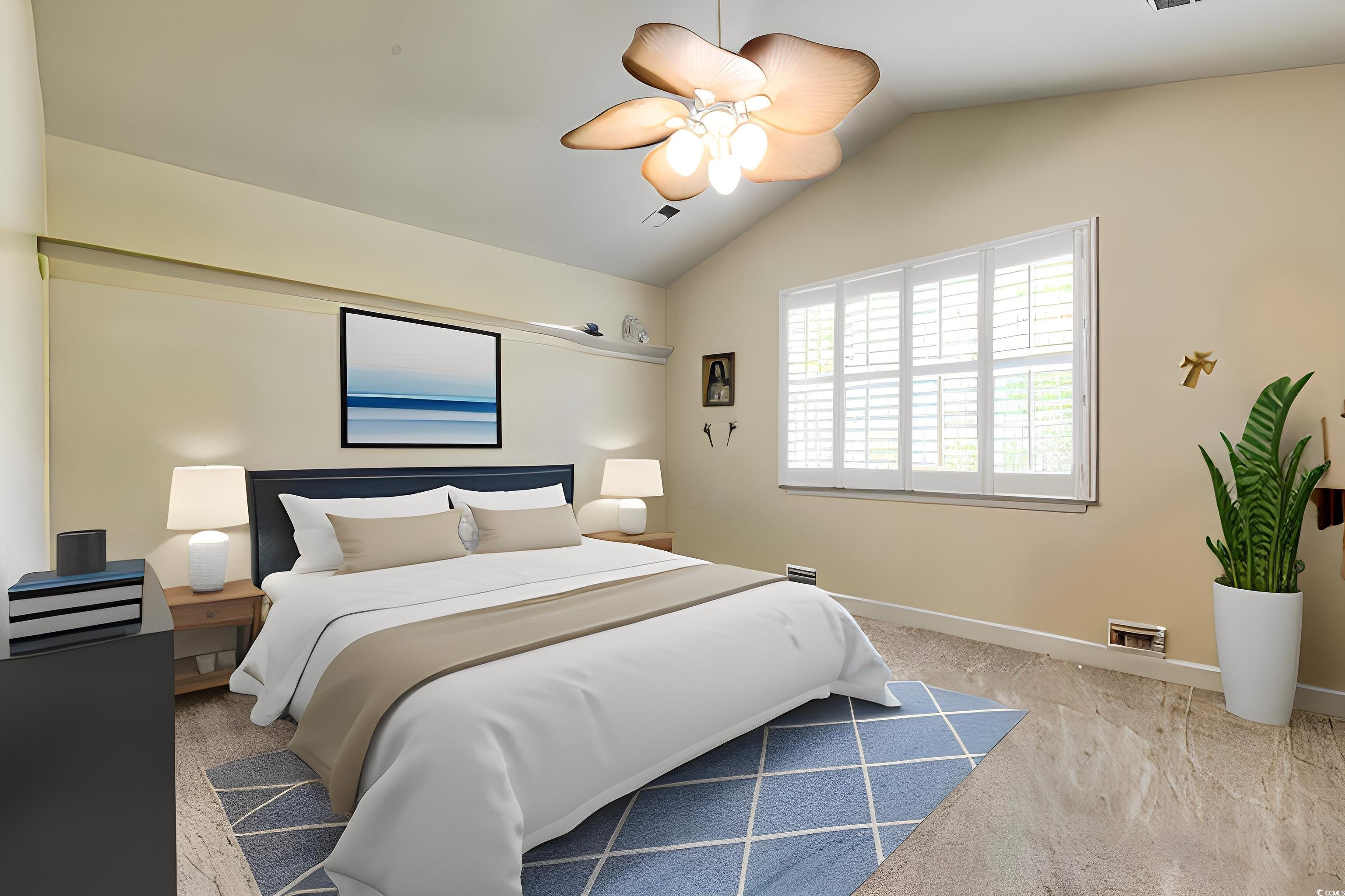 854 Laquinta Loop Murrells Inlet, SC 29576 - Photo 15 of 38 Bedroom featuring light carpet, vaulted ceiling, a