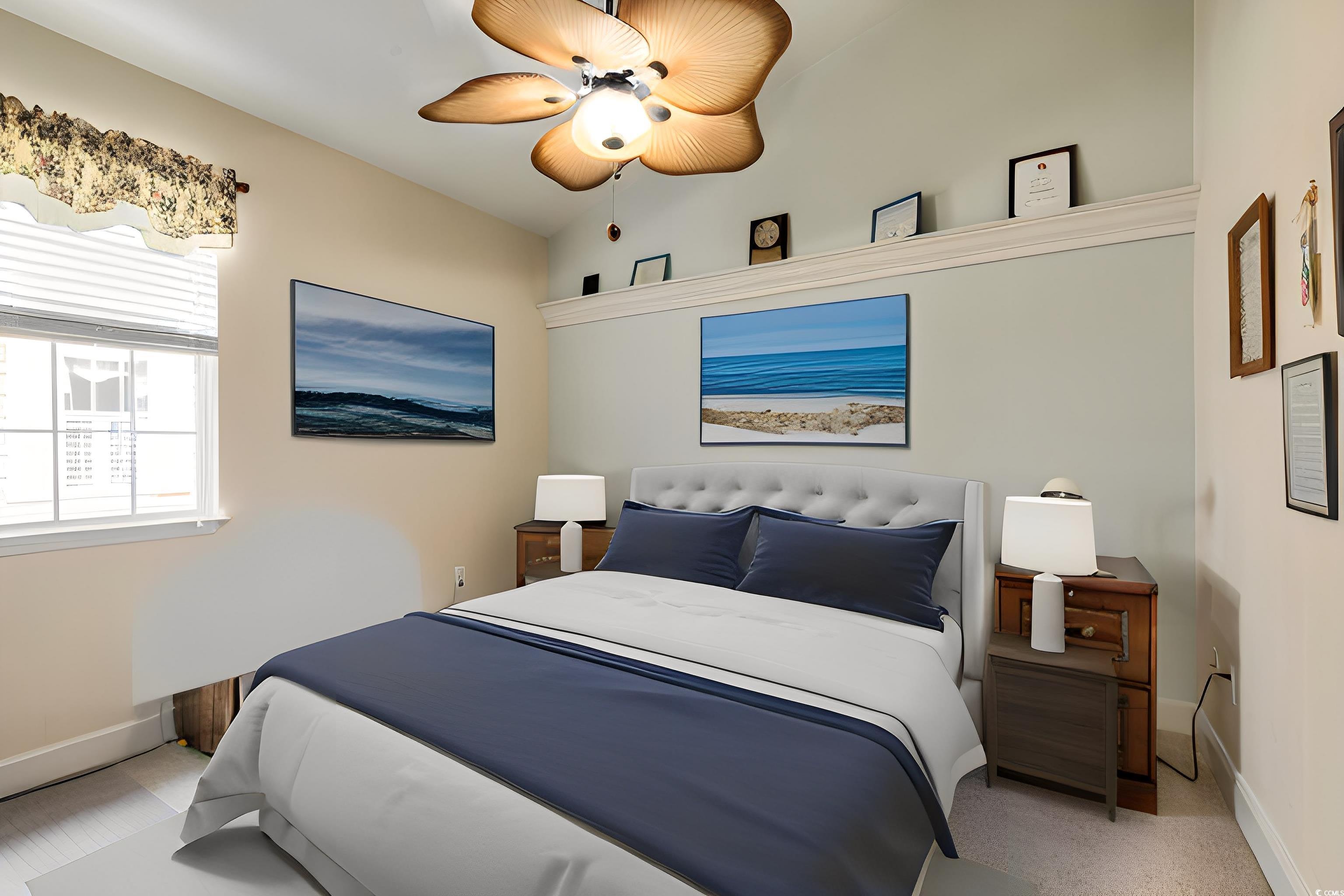 854 Laquinta Loop Murrells Inlet, SC 29576 - Photo 20 of 38 Bedroom with light carpet, ceiling fan, and vaulte