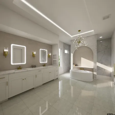 a spacious bedroom with a large bed a chandelier and windows