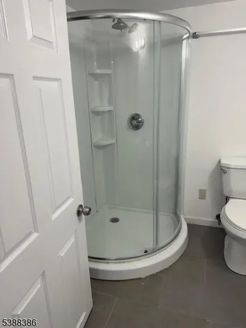 a bathroom with a shower and toilet