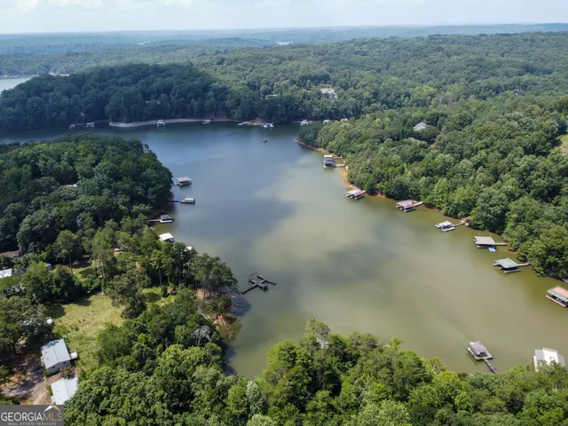 an aerial view of a houses with a yard and lake