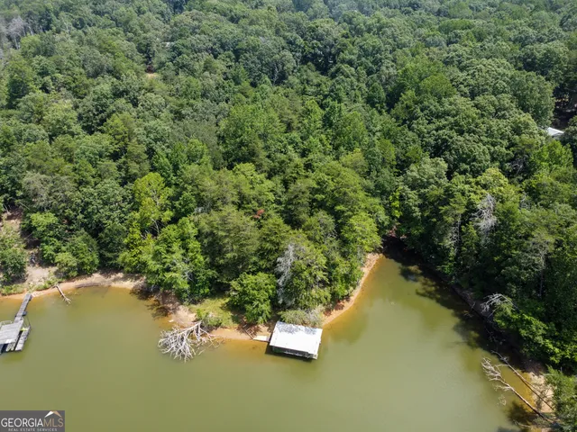 an aerial view of a house with a yard and lake view