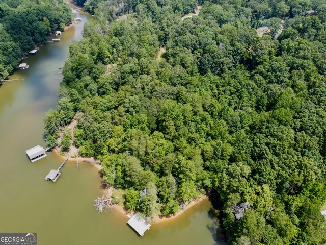 an aerial view of a house with a yard and lake view