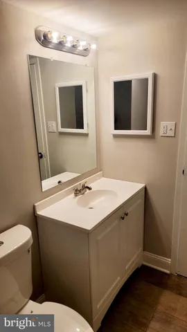 a bathroom with a sink toilet and mirror