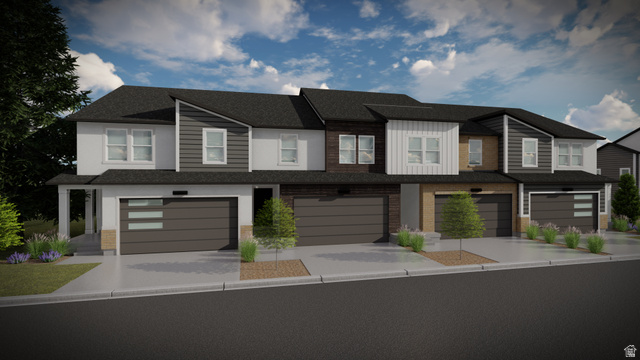Contemporary townhome row featuring multi-textured facades, individual attached garages, and distinctive architectural accents