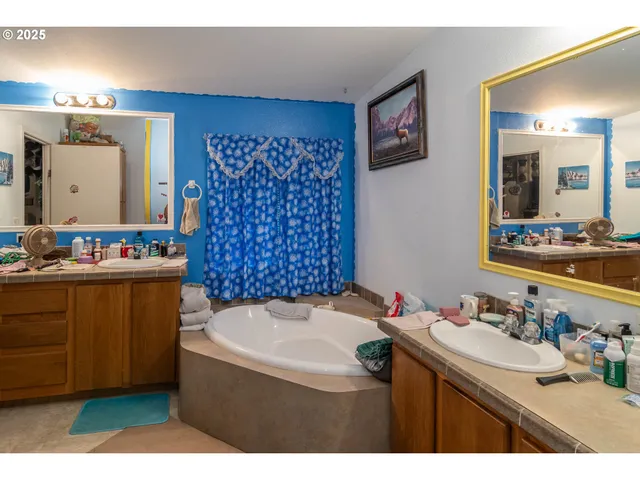 a bathroom with a sink vanity and a mirror