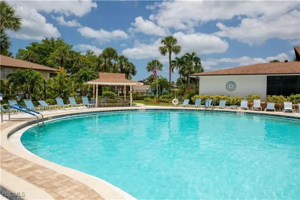 a view of a swimming pool with a garden