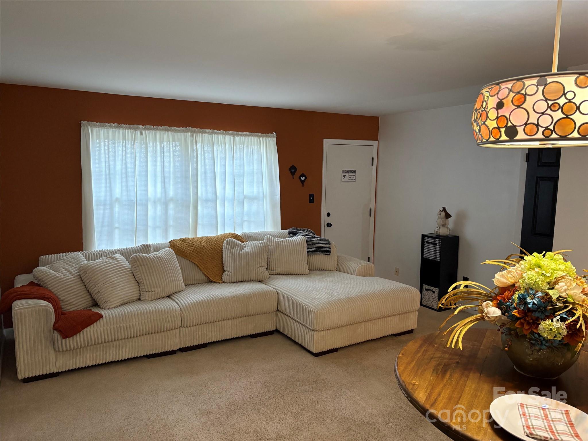 a living room with furniture potted plant and a window