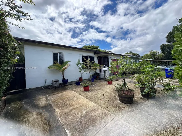 a view of a backyard with plants and a potted plant
