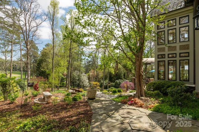 a view of backyard with a table and chairs and potted plants