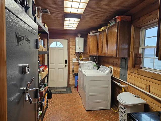 a storage room with cabinets