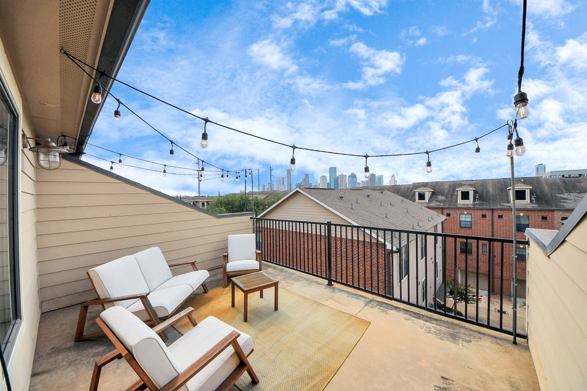 a view of a chairs in wooden deck