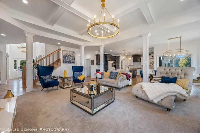 a living room with furniture chandelier and a fireplace