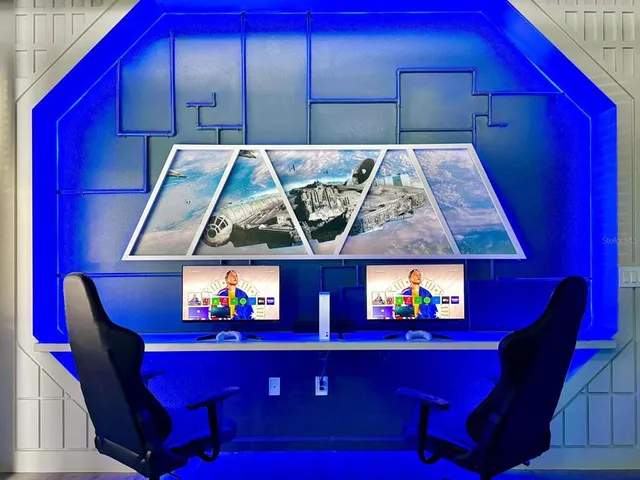 a view of a red chairs in a room