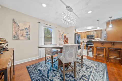 a view of a dining room with furniture