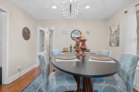 a view of a dining room with furniture