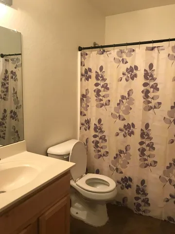 a bathroom with a toilet and a shower curtain