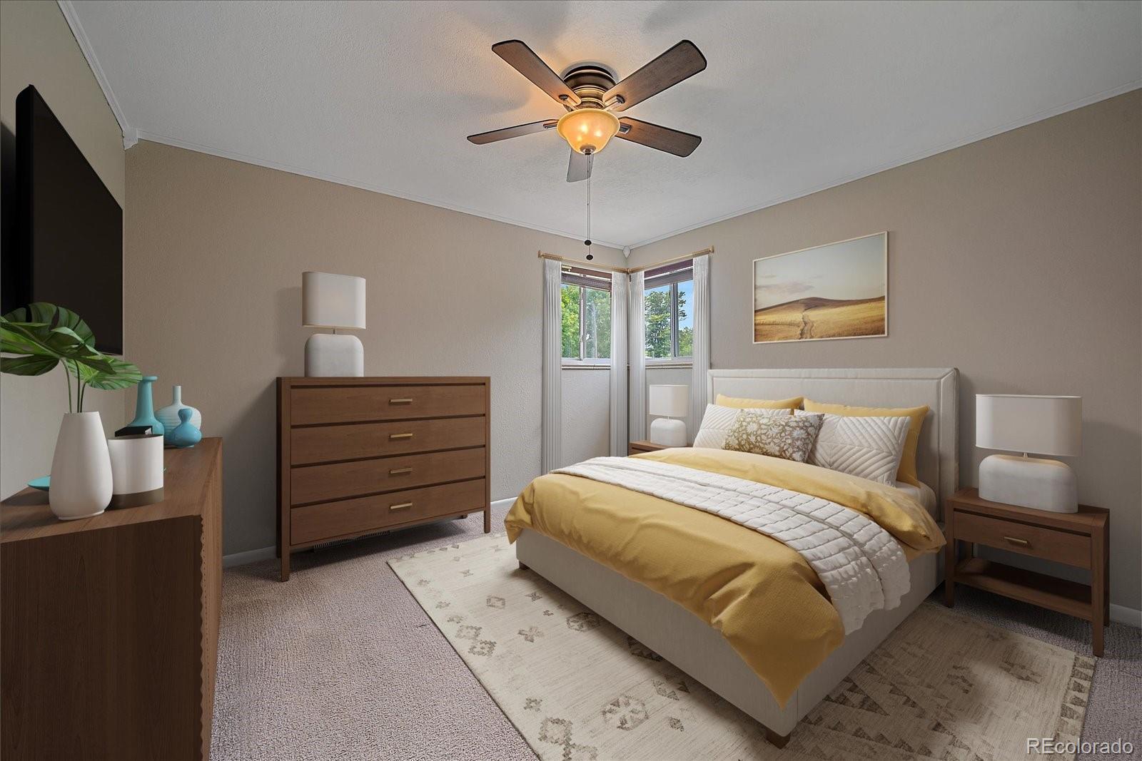6072 Pierson Court Arvada, CO 80004 - Photo 13 of 31 a bedroom with a bed and a chandelier