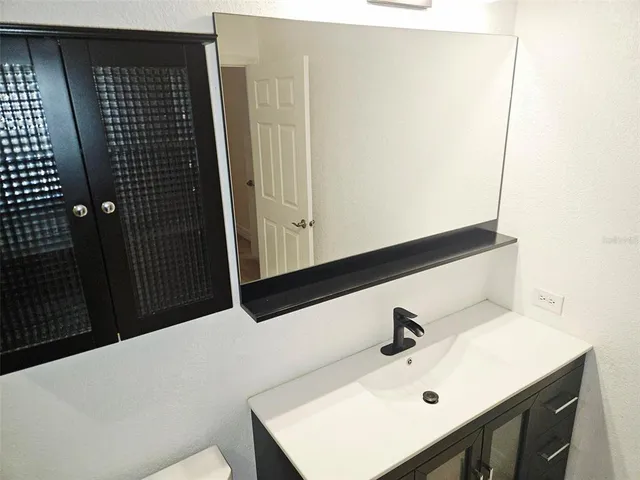 a bathroom with a sink and a mirror