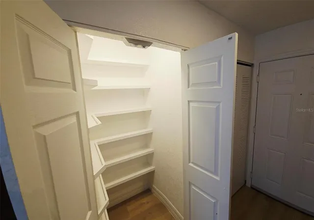 a view of walk in closet with empty racks
