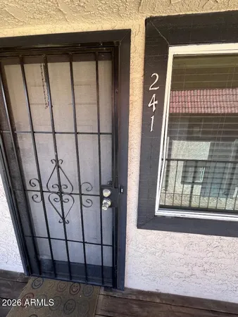 a view of a black and white door