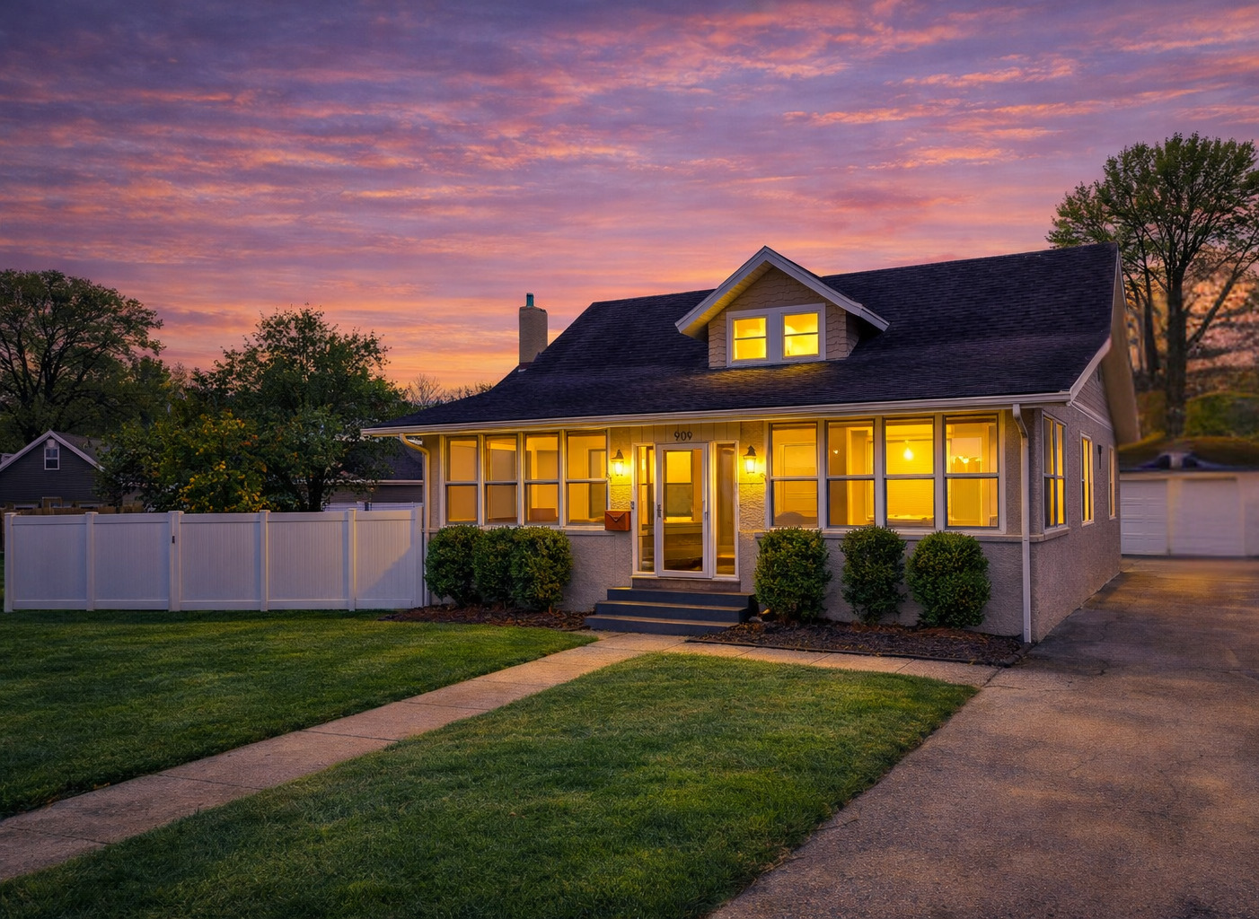 a front view of a house with a yard table and chairs