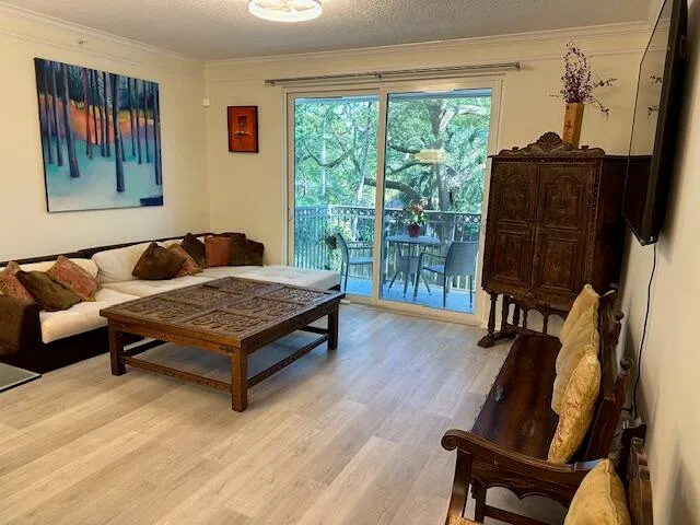 a living room with furniture rug and wooden floor
