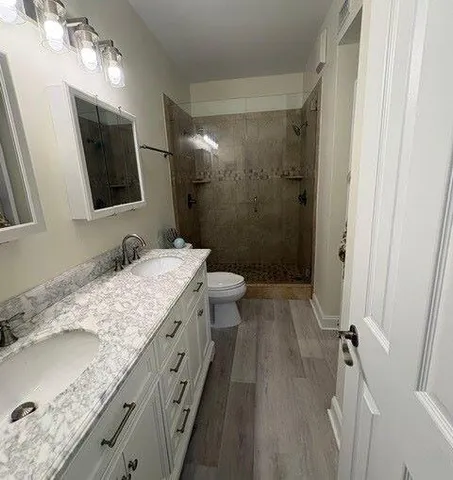 a bathroom with a granite countertop sink a mirror and a toilet