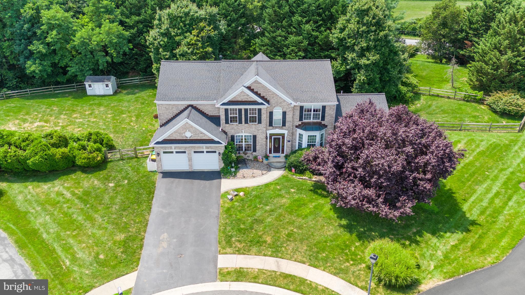 a aerial view of a house with a big yard potted plants and a large tree