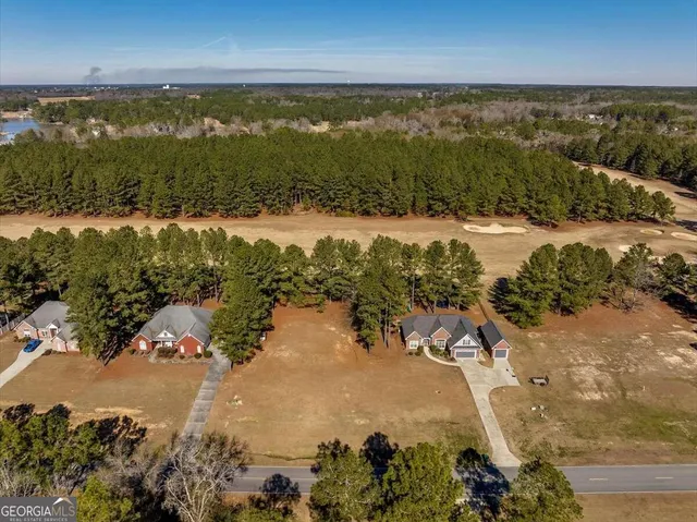 an aerial view of residential houses with outdoor space
