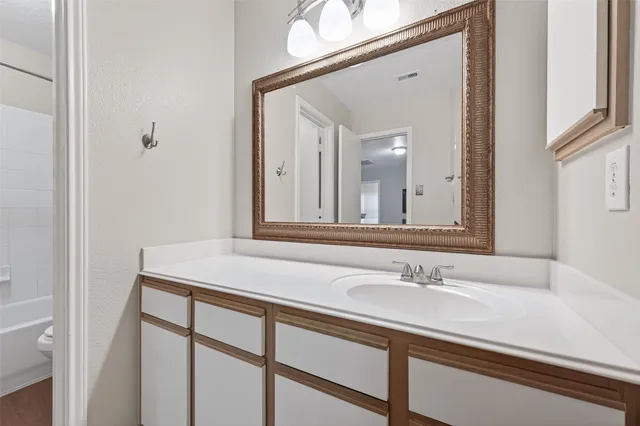 a bathroom with a sink vanity and a mirror