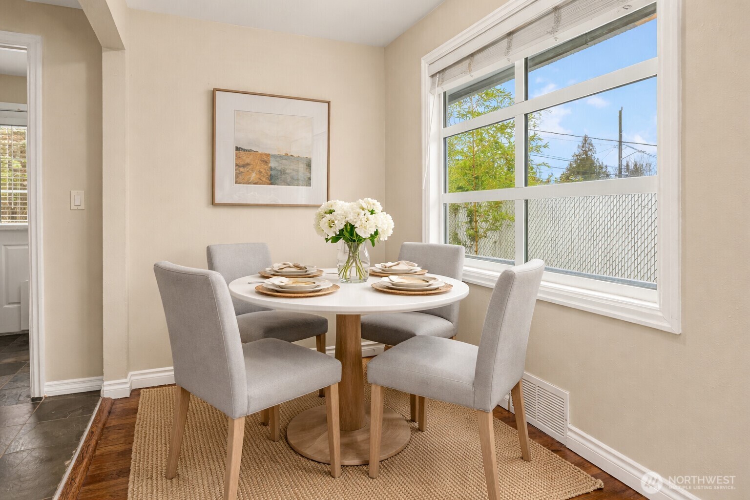 6741 34th Avenue Southwest Seattle, WA 98126 - Photo 3 of 25 a view of a dining room with furniture window and wooden floor