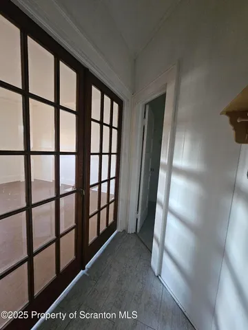 a view of staircase with large window