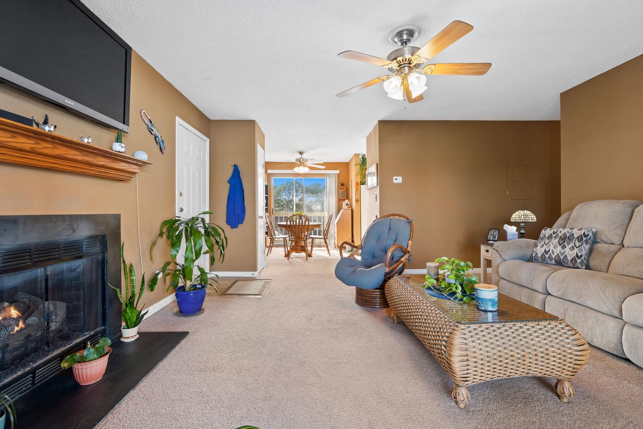 220 Myrtle Greens Drive, Unit I Conway, SC 29526 - Photo 6 of 30 Living area with a fireplace with flush hearth, carpet floors, and ceiling fan